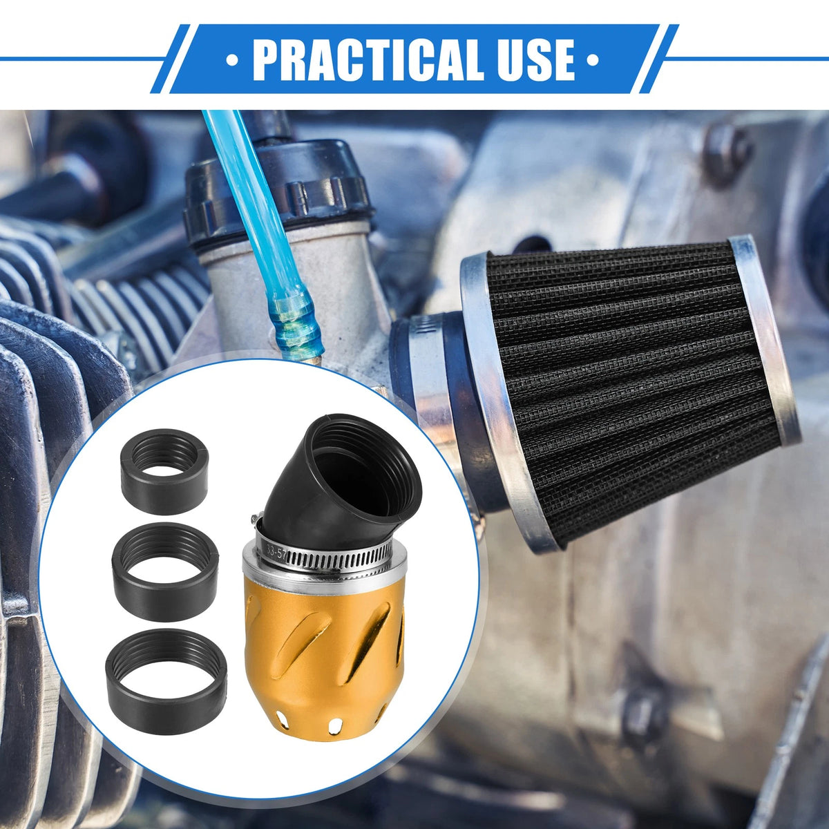 Universal Air Filter 26/35/42/48mm ID 140x700mm Gold Tone for Motorcycle