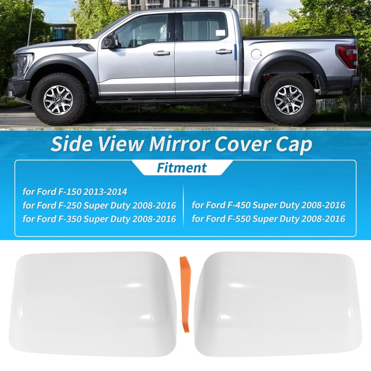 2 x White Top Half Door Mirror Cap Covers for Ford F250 F350 Super Duty (2008-2016)
