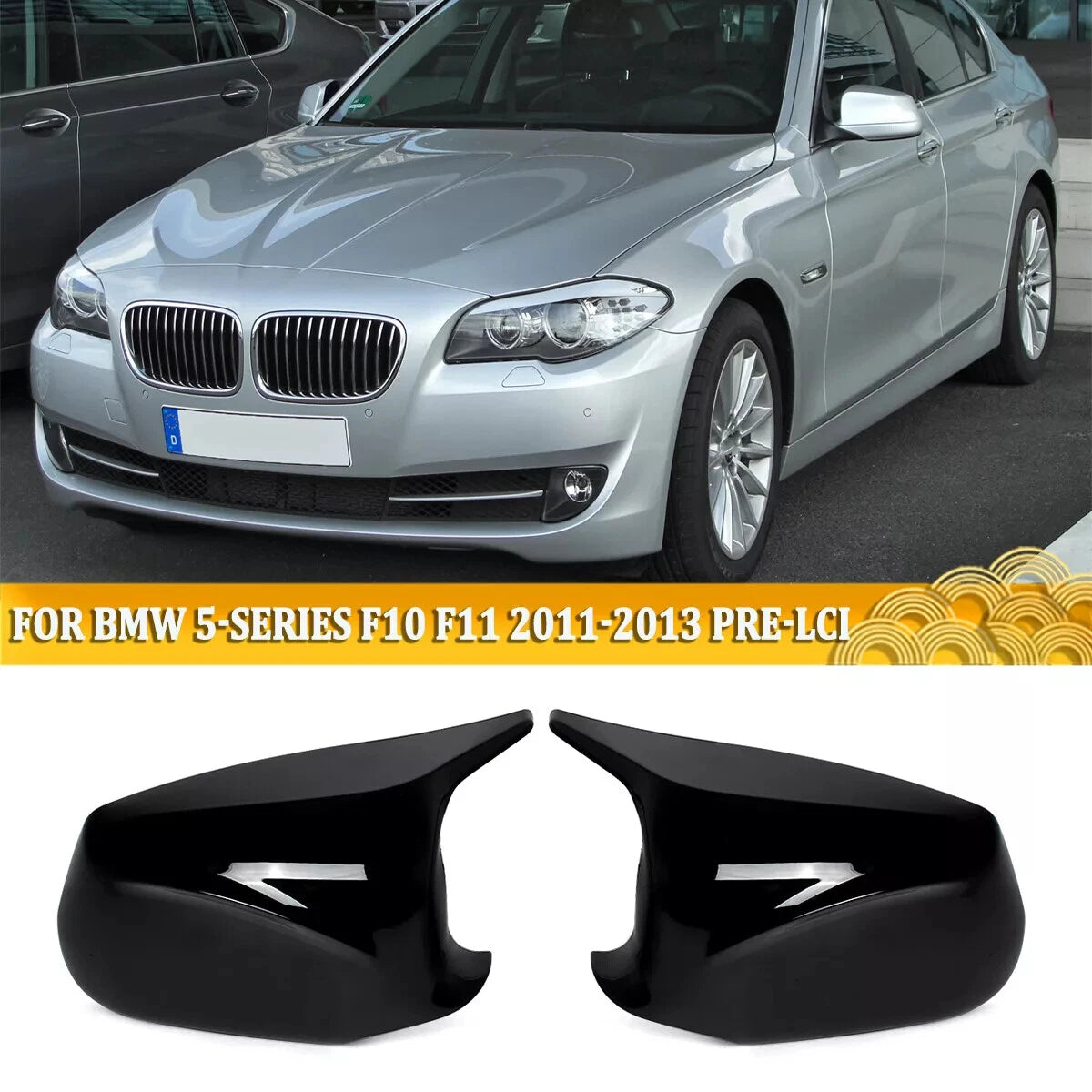 2 x Gloss Black Side Mirror Cover Caps for BMW 5-Series F10 F11 (2010-2013)