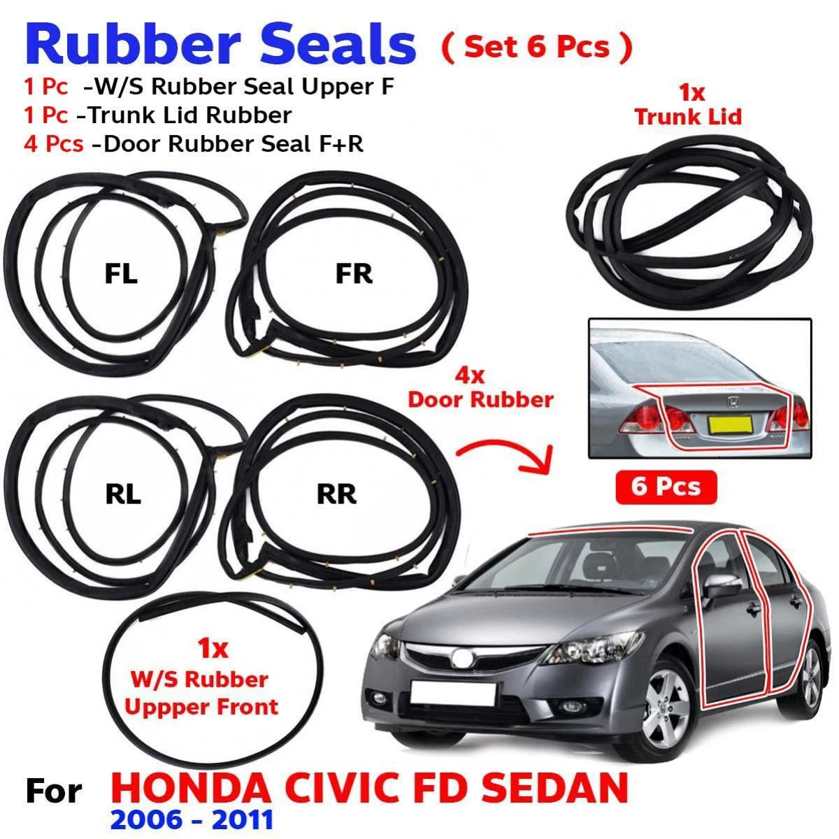 Windshield Weatherstrip Rubber Seal Set 5 Fits Honda Civic FD 4D Sedan 2006-11