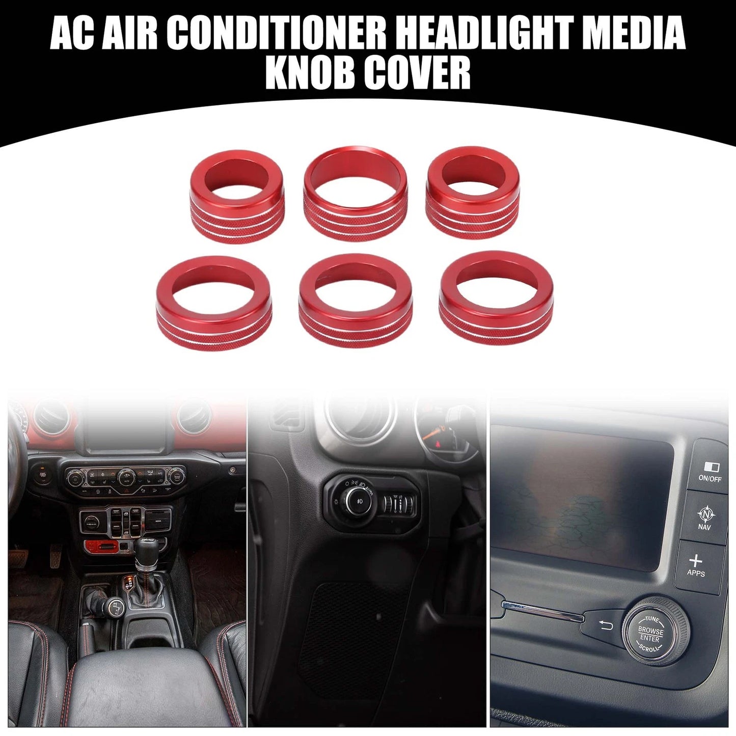 AC Headlight Media Switch Knob Cover Ring for Jeep Wrangler (2018-2023) 6 x Pcs