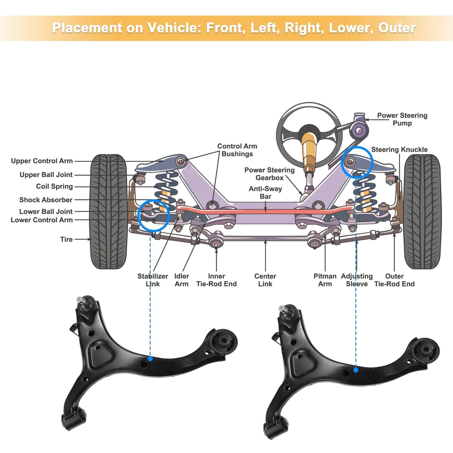 6 Pcs Front Lower Control Arms Sway Bars for Hyundai Santa Fe (2007-2012)