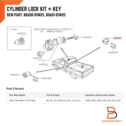 Door Lock Cylinders Set with Keys for Nissan Datsun 720 Pickup (73-86)