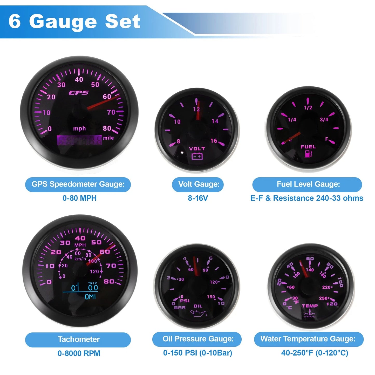 6 Gauge Set GPS Speedometer Tacho Fuel/Temp/Oil/Volt for Marine Boat Car Black