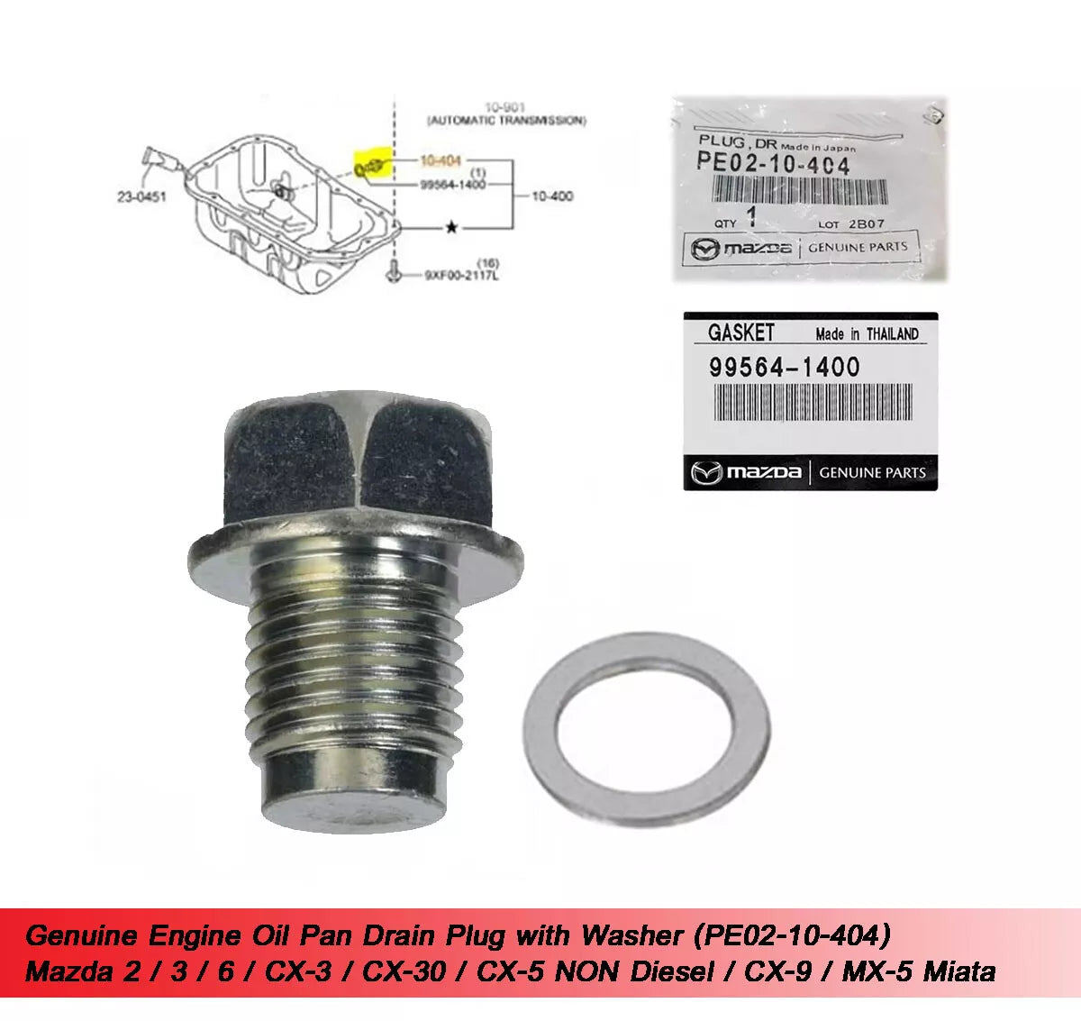 Oil Pan Drain Plug for Mazda 3/6/CX-3/CX-30/MX-5 (2004-2023)