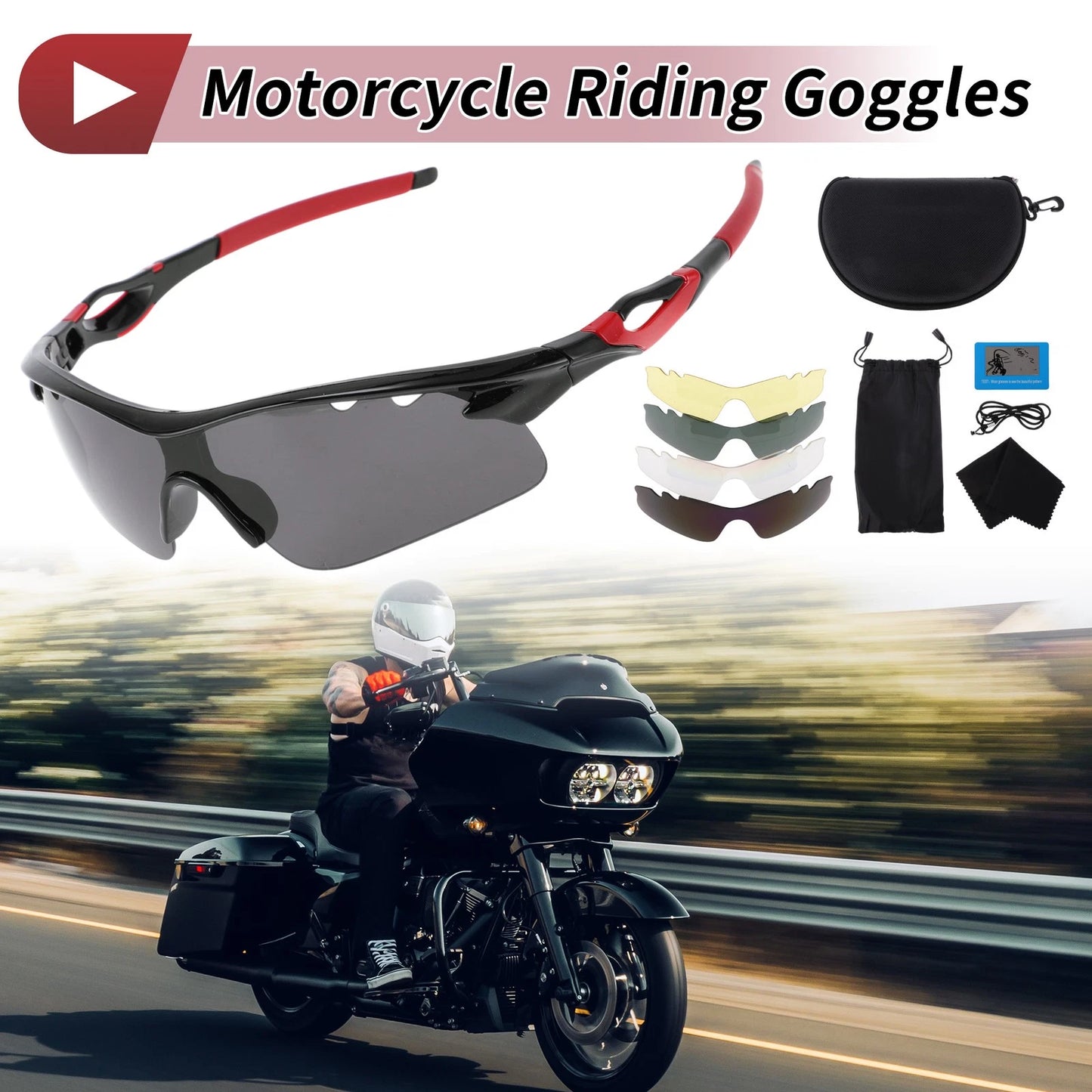 Set Motorcycle Riding Goggles Dark Gray Lens Red Frame for PC Cycling Sunglasses