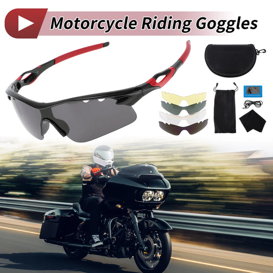 Set Motorcycle Riding Goggles Dark Gray Lens Red Frame for PC Cycling Sunglasses