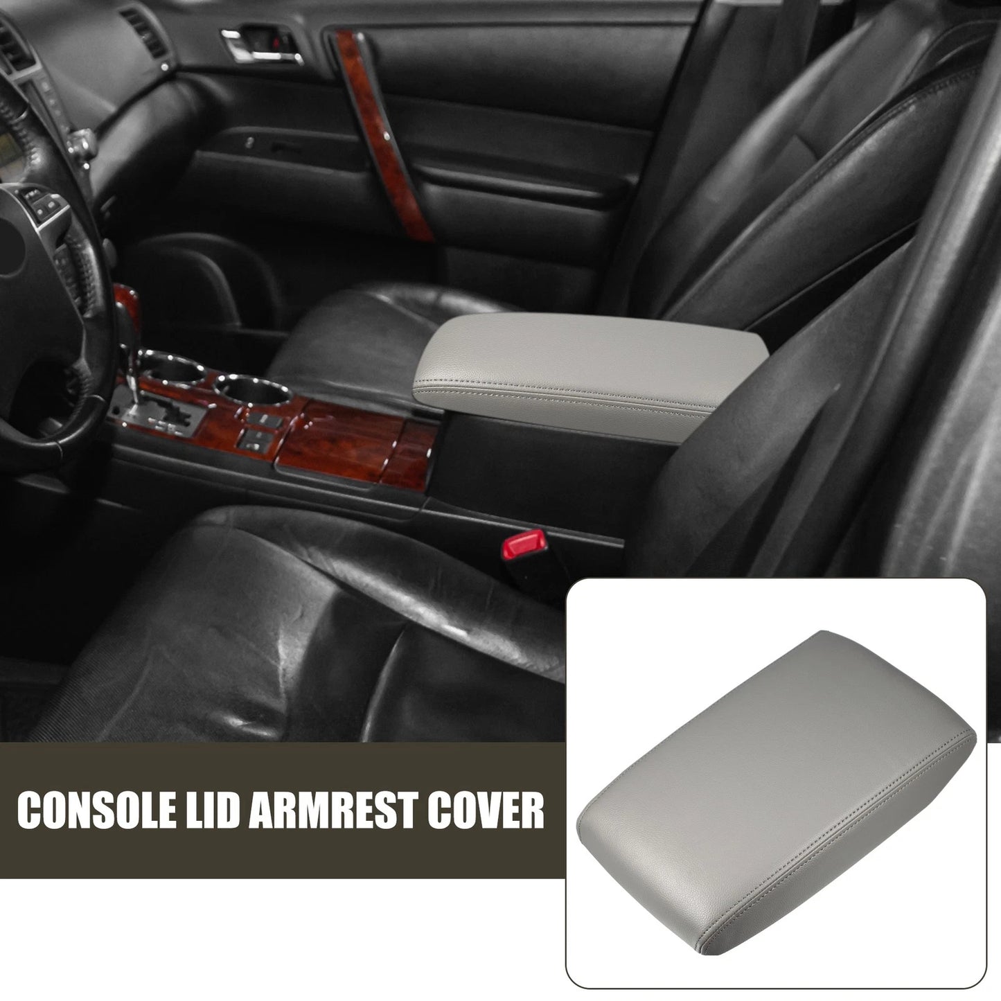 Car Center Console Lid Armrest Cover Faux Leather Gray for Toyota Highlander