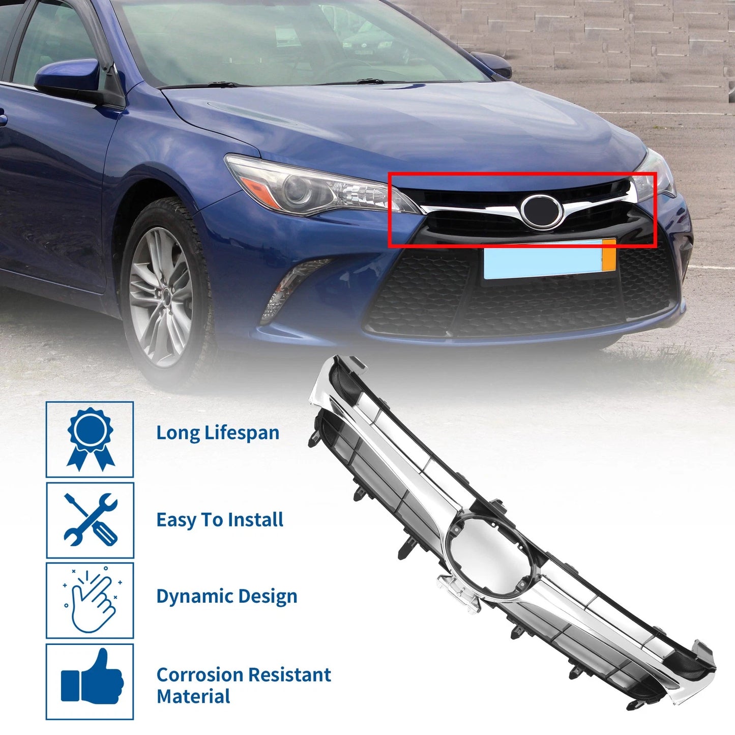 Front Bonnet Bumper Grille for Toyota Camry (2015) - Chrome Silver Black