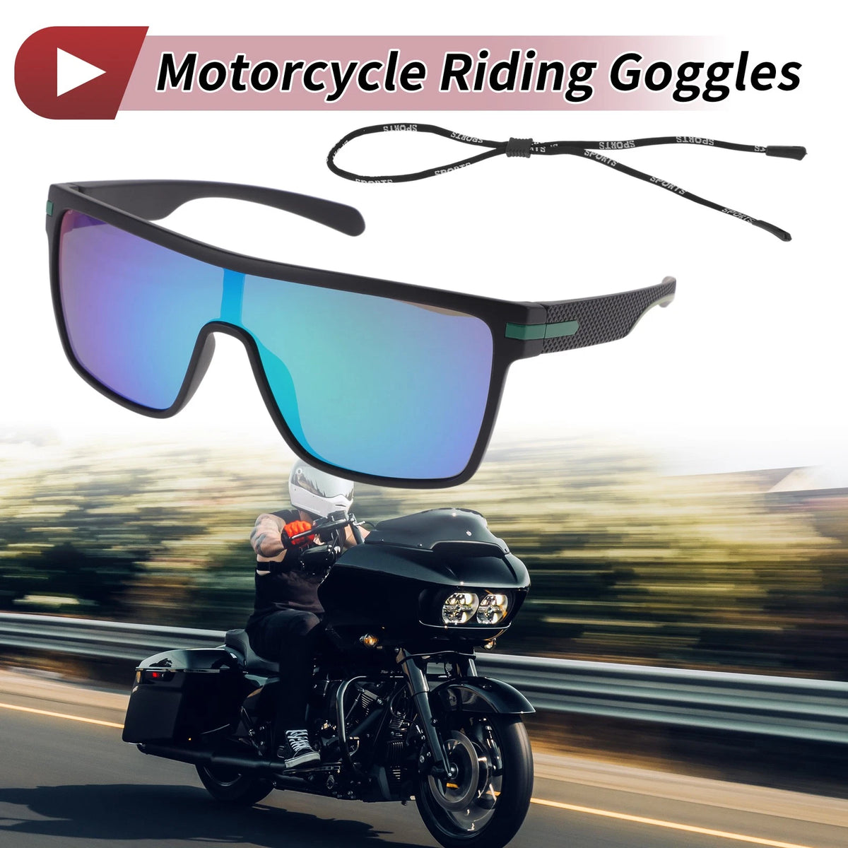 Motorcycle Riding Goggles Green Lens Black Frame Tri-Acetyl Cellulos TR90