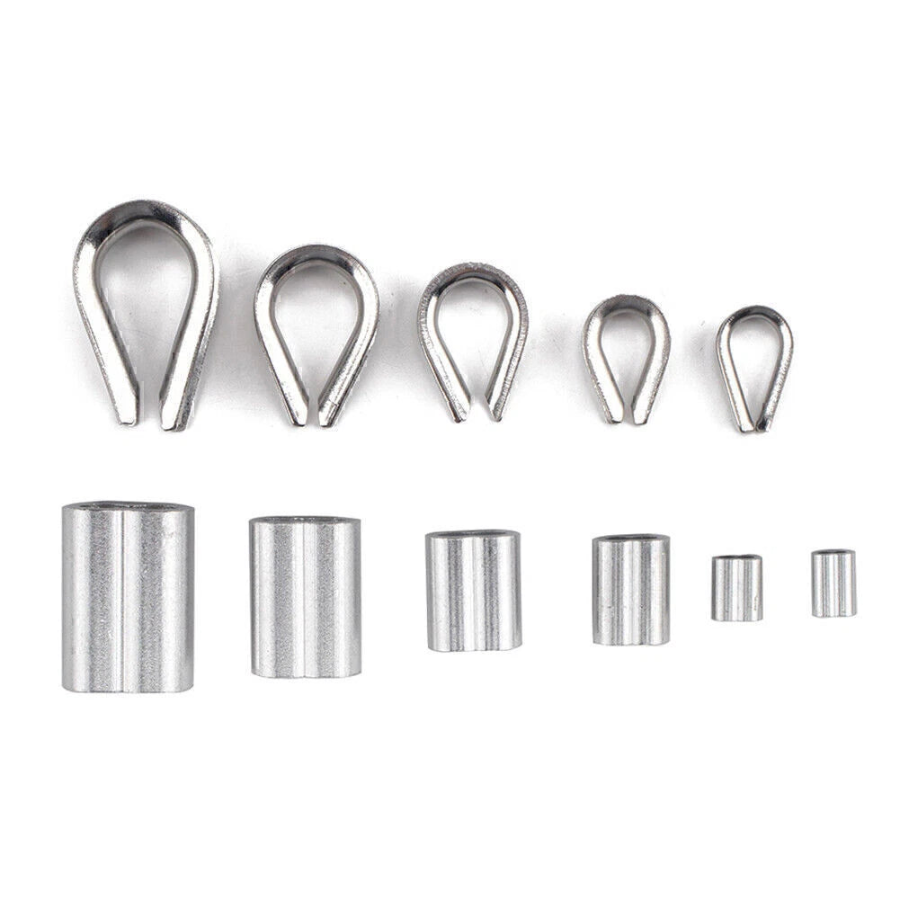250Pcs Thimble & 6 Size Crimping Loop Sleeves for Wire Rope Cable