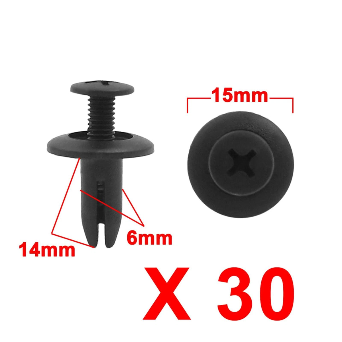 30 x Black Fastener Rivet Push Clip Retainer 6.5mm Hole Dia for Car/Motorcycle