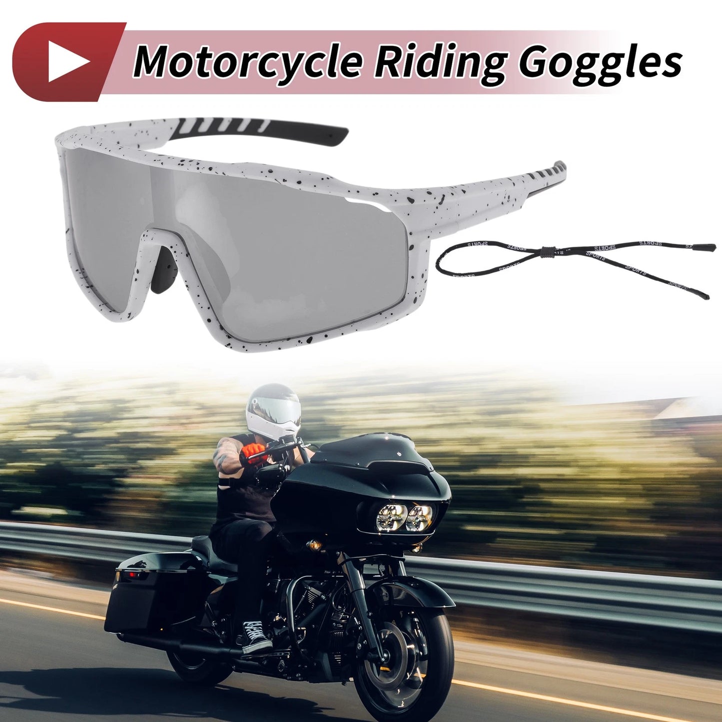 Motorcycle Riding Goggles Silver Tone Gray Lens White Black Frame PC UV400