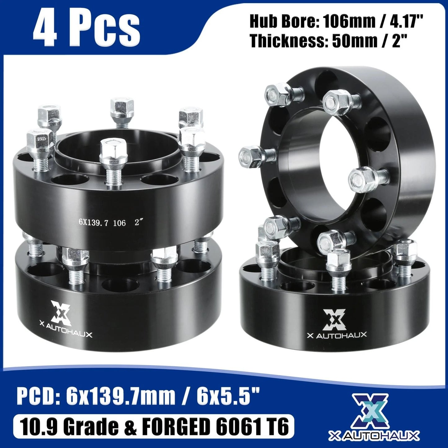 4pcs 6 Lug 2 in M12x1.5 Thread 6x5.5 in Wheel Spacers Black for Universal