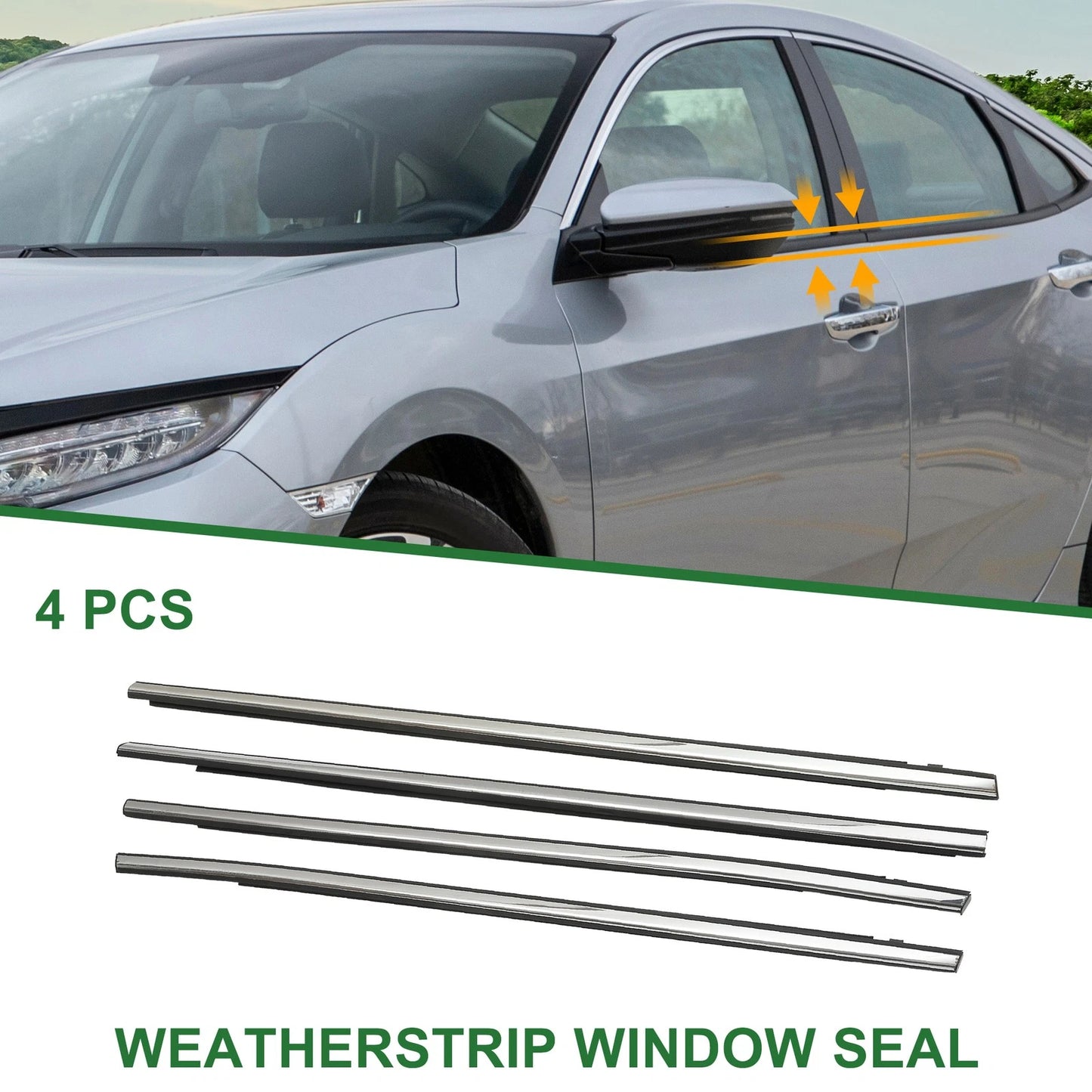 4pcs Weatherstrip Window Seal for Honda Civic (2017-2020) Black Silver Tone