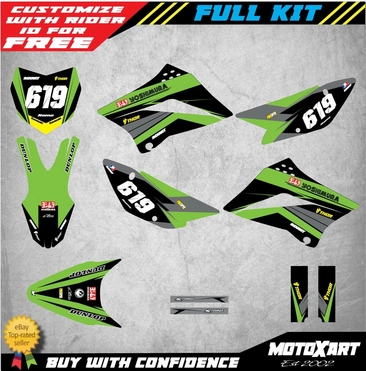 Custom Graphics Kit for Kawasaki KLX 110 (2010-2020) FLEX STYLE Stickers