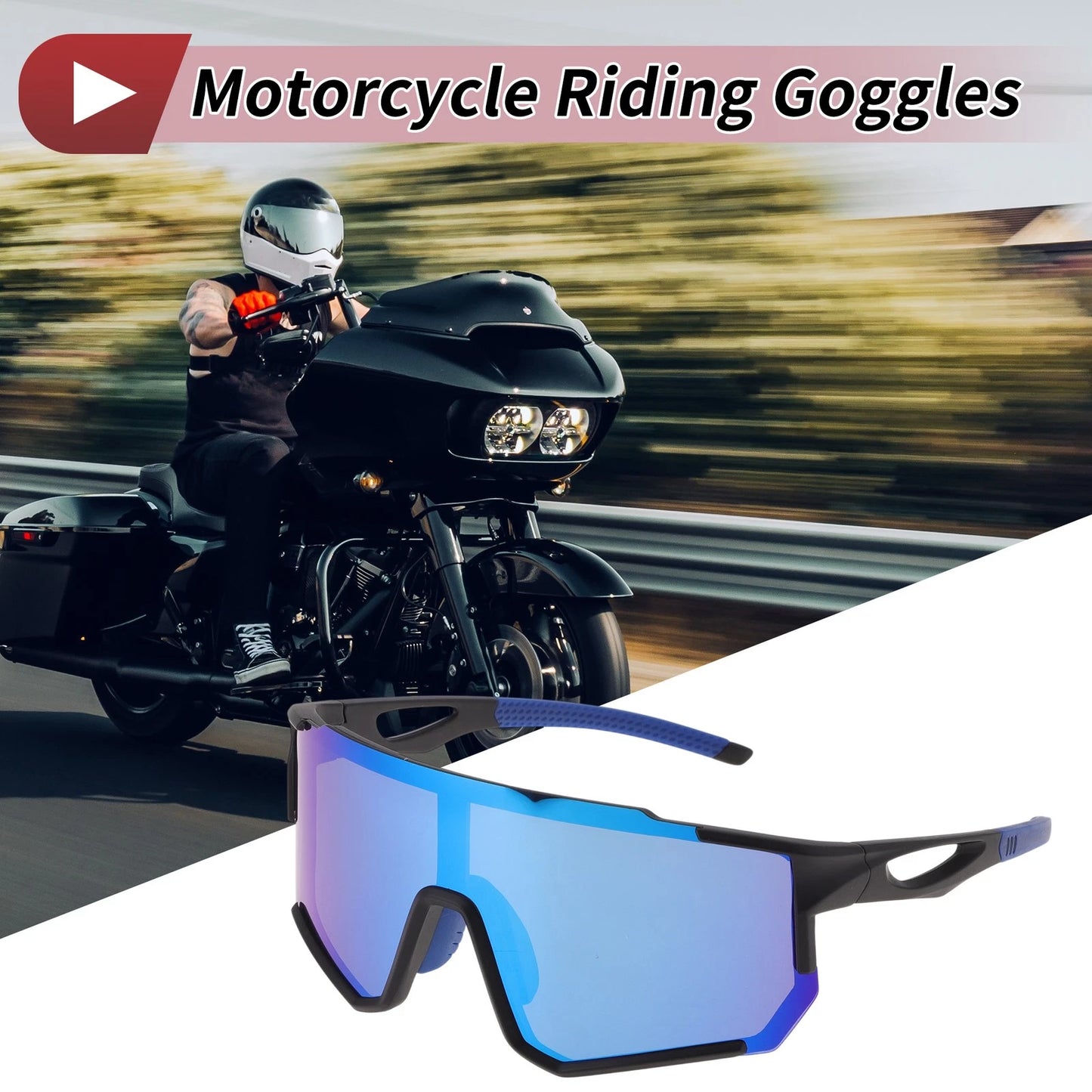 Motorcycle Riding Goggles Blue Lens Black Frame Cycling Sunglasses PC UV400