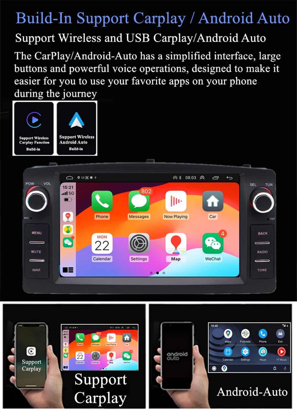 7'' Carplay Stereo Radio GPS Head Unit for Toyota Corolla (2003-2008)