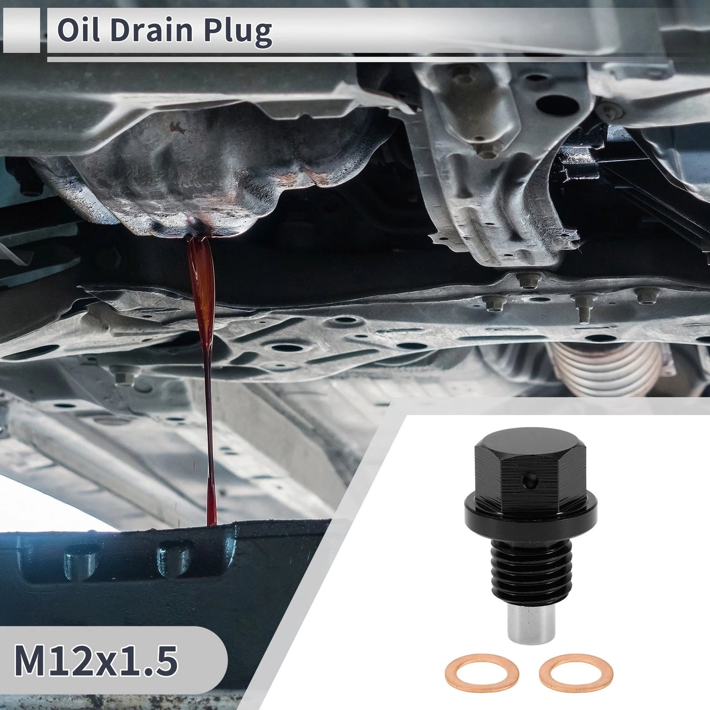 1 x M12x1.5 Engine Oil Drain Plug with Gasket Black for Car Motorcycle Boat