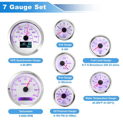 7 Gauge Set GPS Speedometer Tacho Fuel/Temp/Oil/Volt/Trim for Marine Boat White