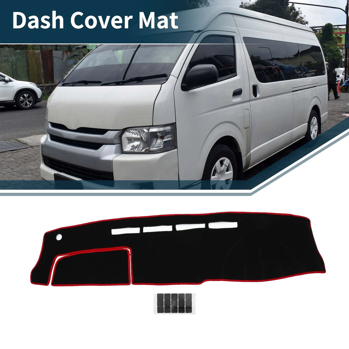 Dashboard Dash Cover Mat with Sticker Black Red for TOYOTA HIACE (2004–2024)