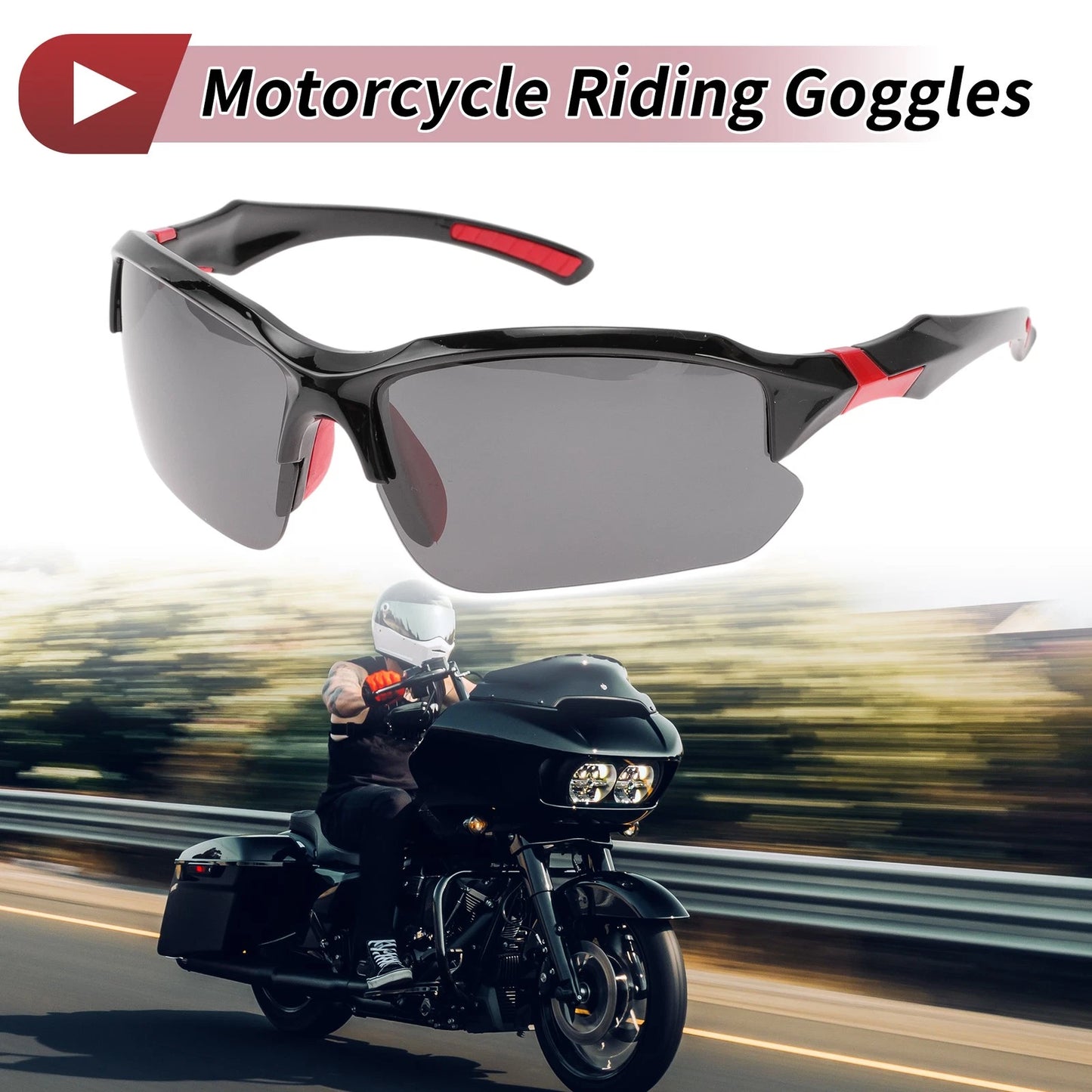 Motorcycle Riding Goggles Deep Gray Lens Black Red Frame Tri-acetel PC