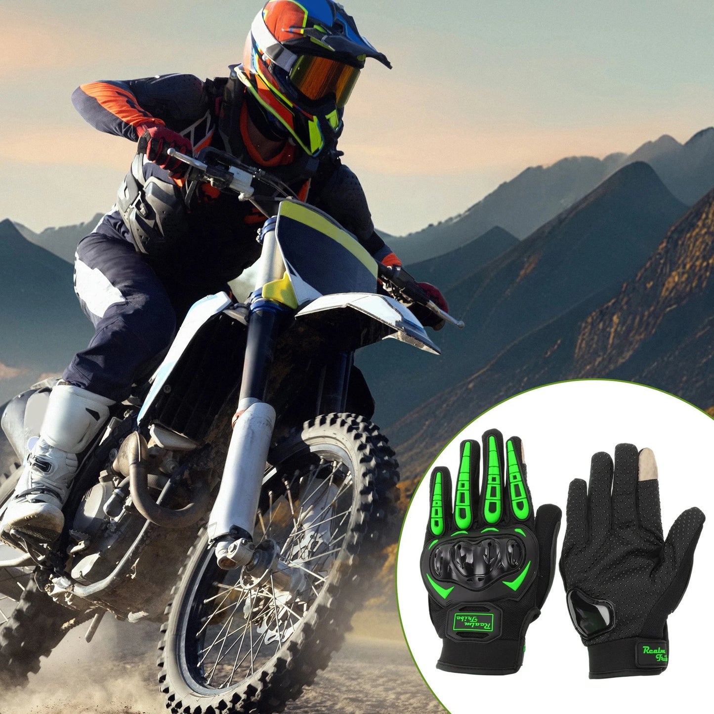 L Motorcycle Glove Breathable Full Finger Nylon Outdoor Gloves Green 1 Pair