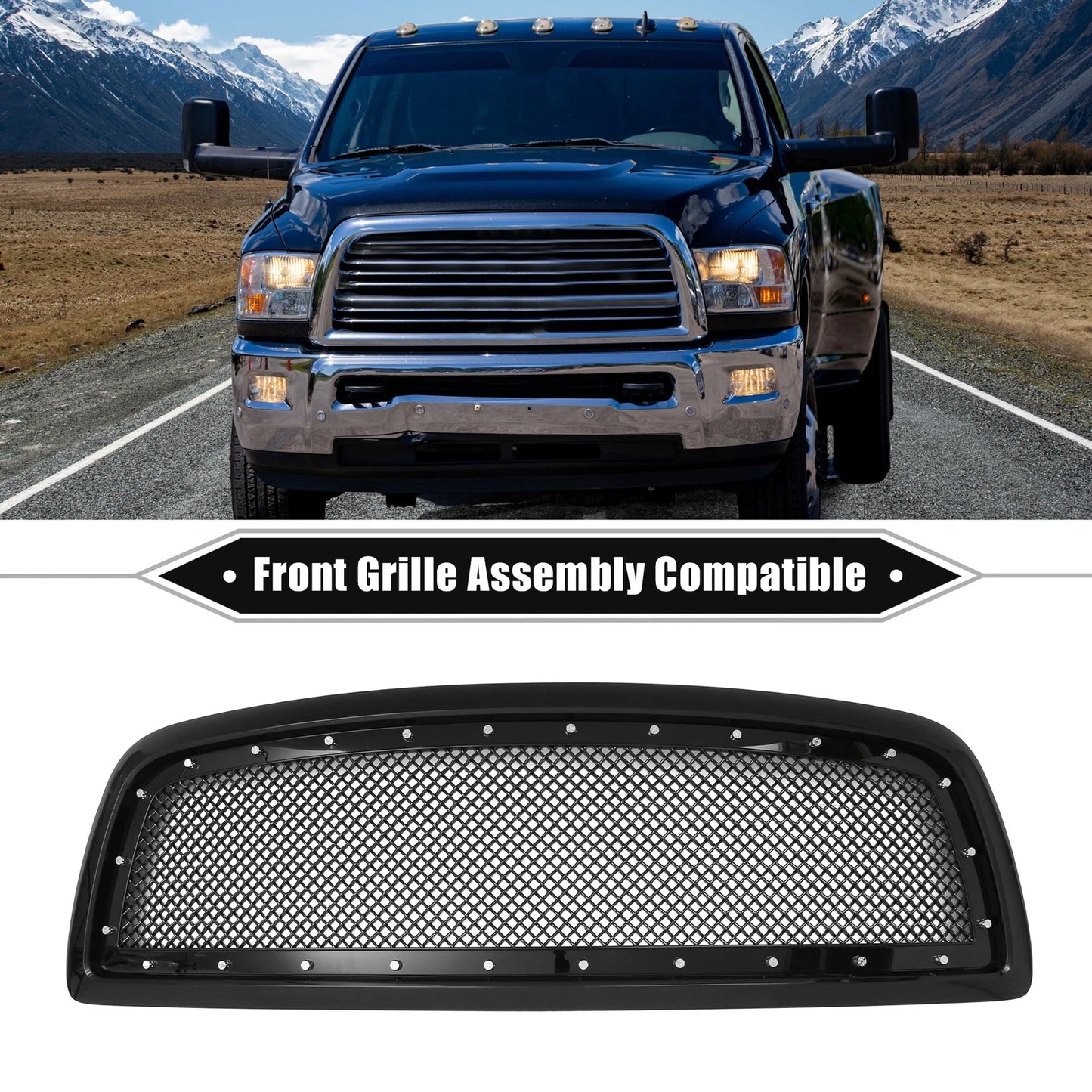 Front Grille Assembly with Rivet for Dodge Ram 1500 (2011 - 2012) Gloss Black