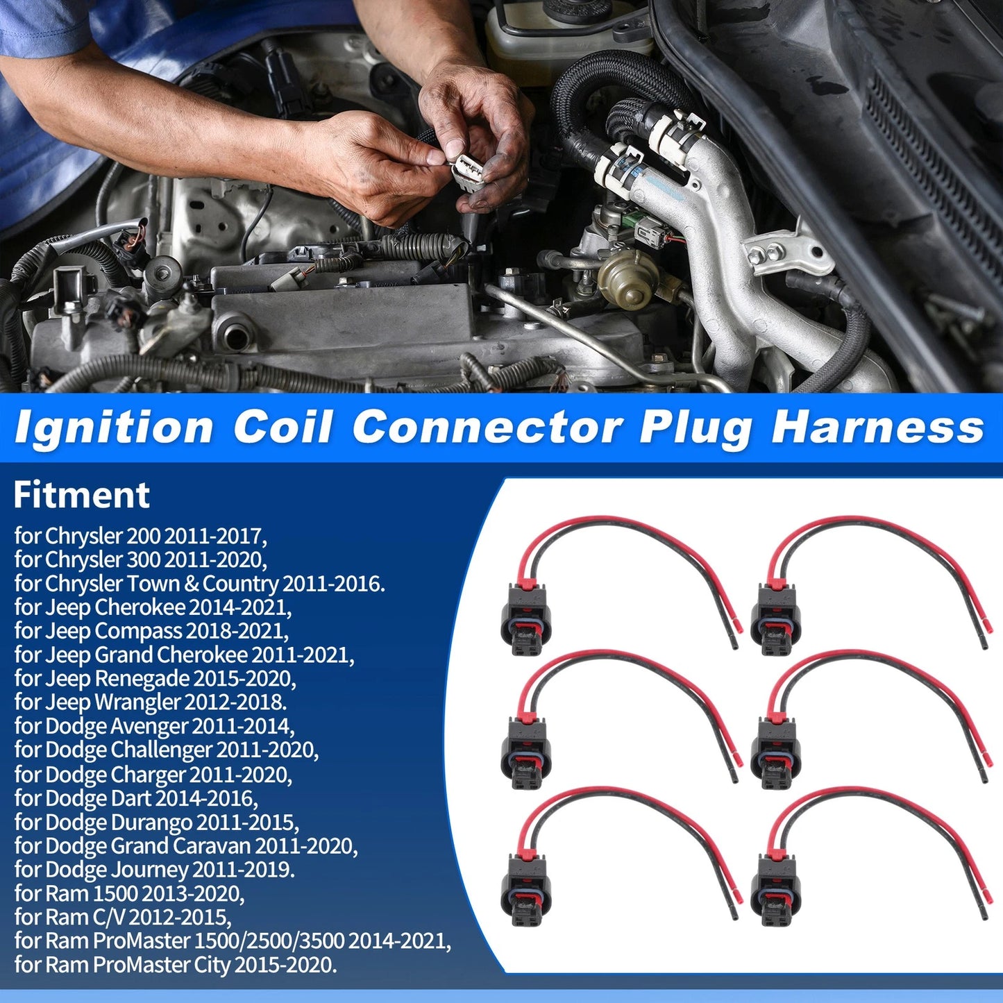 6Pcs Ignition Coil Connector Plug Harness for Chrysler Jeep (2005-2010)