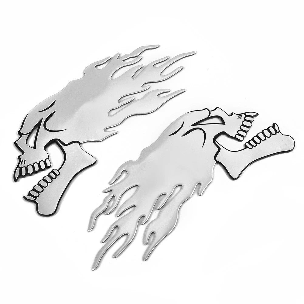 2 x Flaming Skull 3D Gel Sticker Decal L+R for Motorbike-Motorcycle Silver