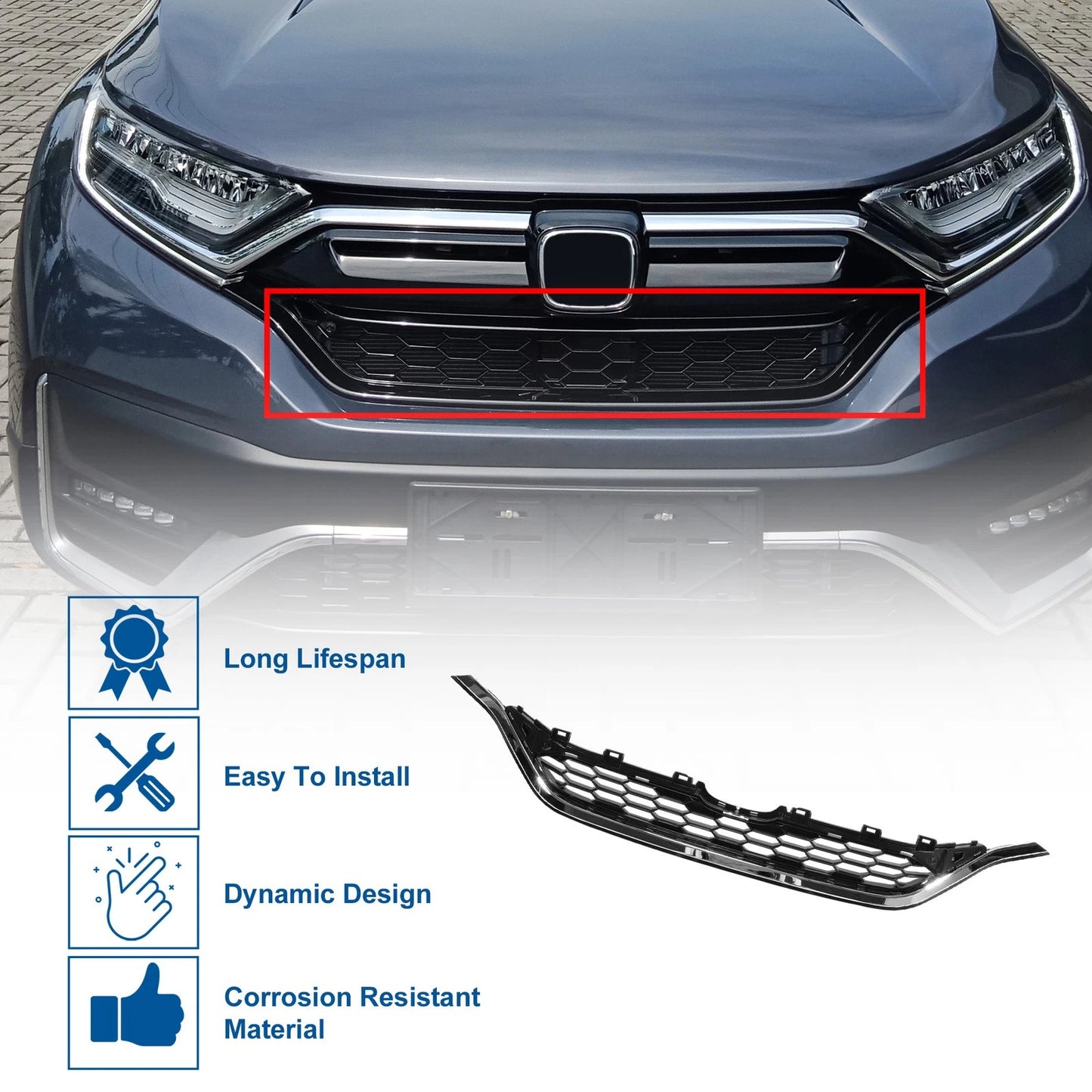 Front Hood Bumper Grille for Honda CR-V (2015) - Chrome Silver Tone Black