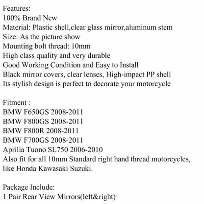 Rear View Mirror 10mm for BMW F650GS/800GS, F800R, Aprilia Tuono (2008-2023)