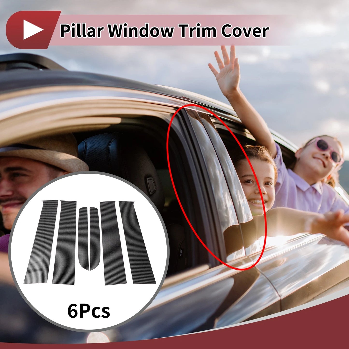 6 Pcs Door Pillar Window Trim for Ford Ranger (2023-2024) Black Carbon Fiber