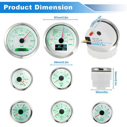 7 Gauge Set GPS Speedometer Tacho Fuel/Temp/Oil/Volt/Trim for Marine Boat White