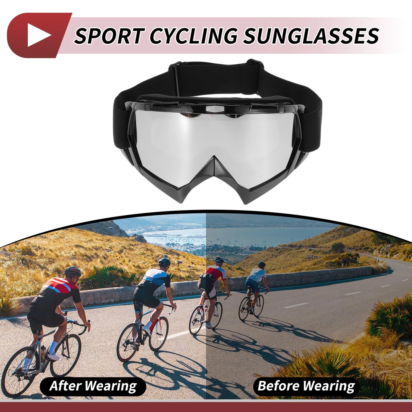 Motorcycle Riding Goggles Silver Tone Lens Black Frame TPU Cycling Sunglasses
