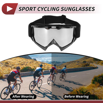 Motorcycle Riding Goggles Silver Tone Lens Black Frame TPU Cycling Sunglasses