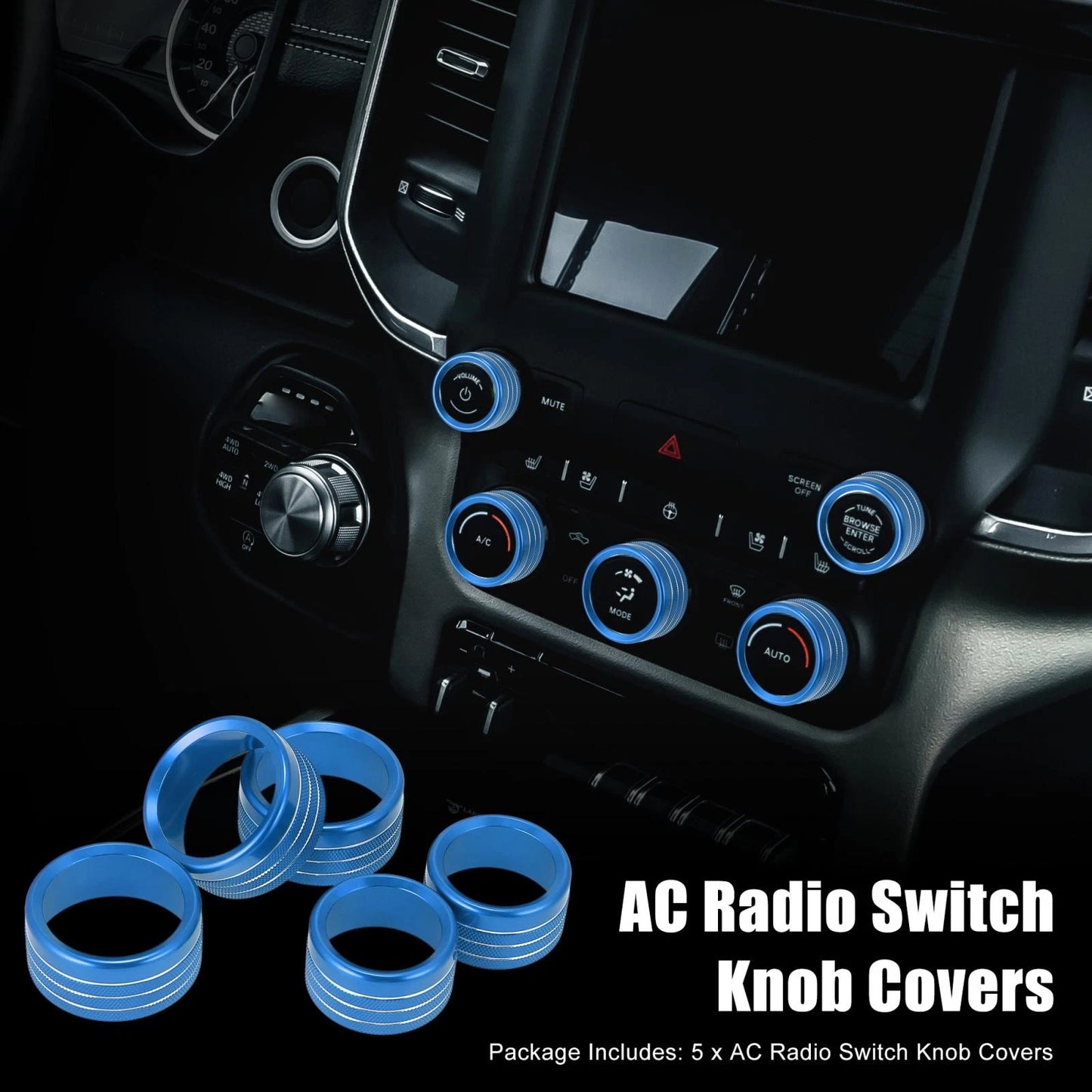 5 x Blue AC Radio Switch Knob Covers for Dodge Ram 1500 (2018-2020)