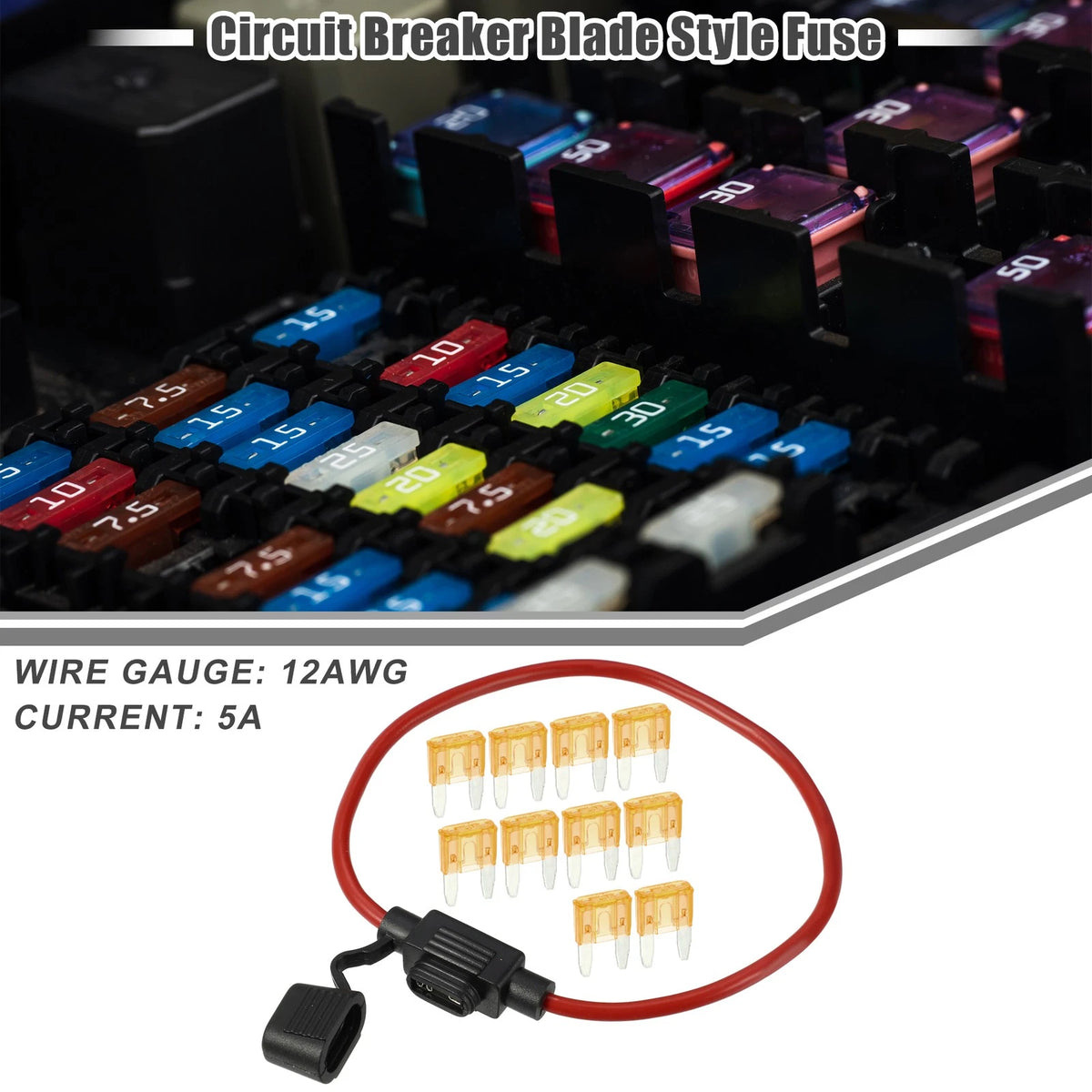 5A Mini Blade Style Fuse & 12 AWG Fuse Holder for Car