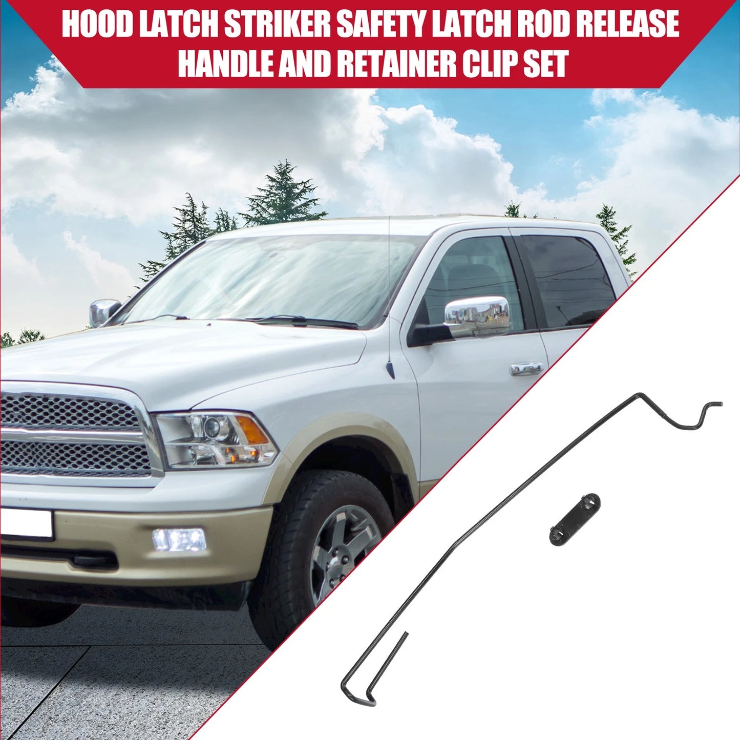 1 x Set Hood Latch Rod Release Handle and Retainer Clip Set for Dodge Ram