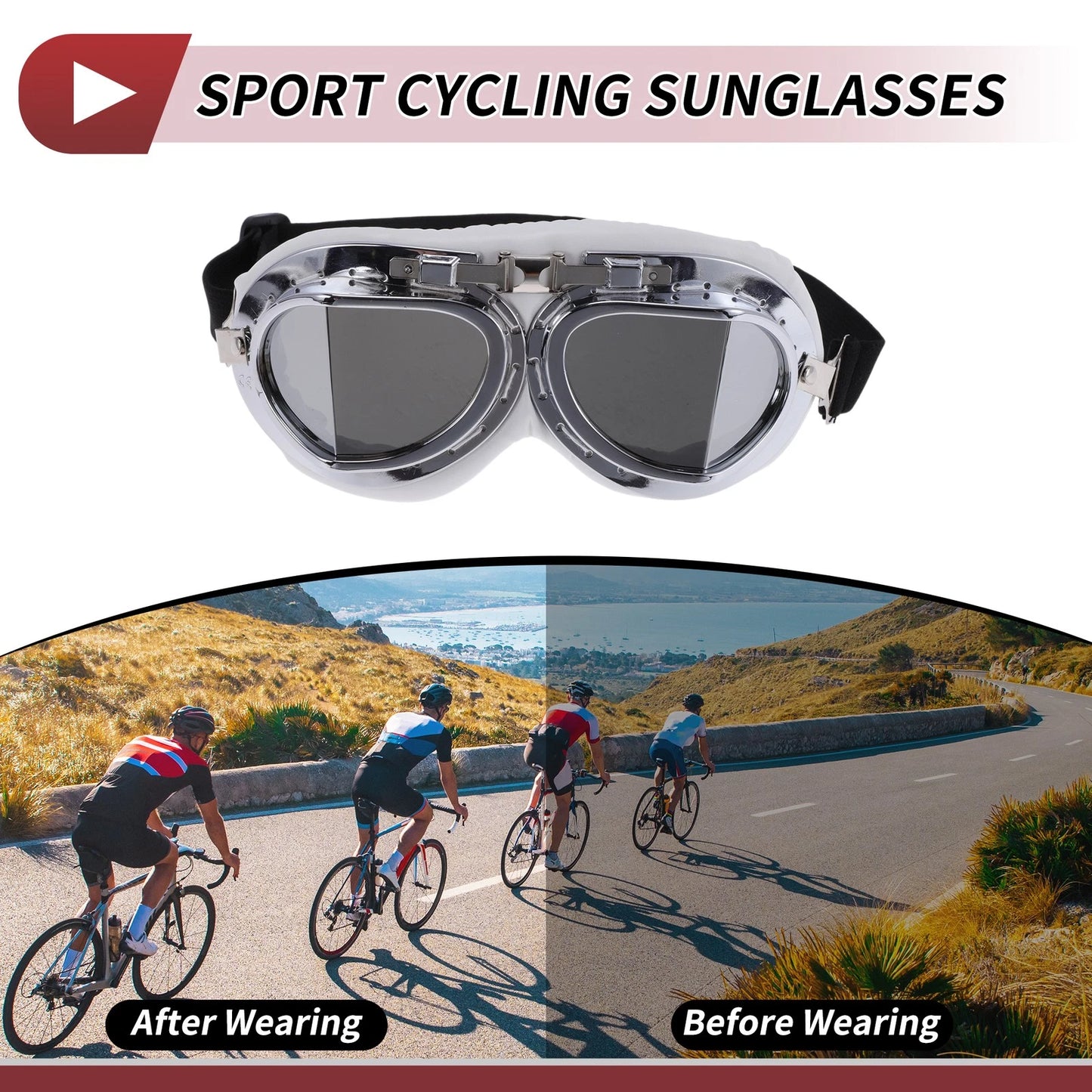 1 Set Motorcycle Riding Goggles Silver Tone Lens White Frame Cycling Sunglasses