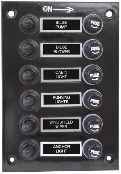6 Gang Fused Marine Switch Panel, Splash Proof, 12/24 Volt Compatibility
