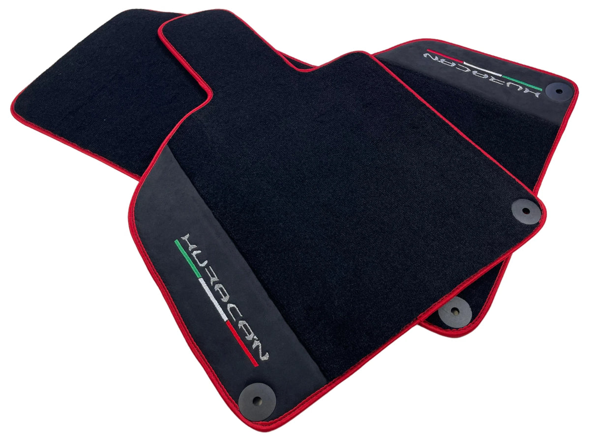 Black Floor Mats for Lamborghini Huracan with Alcantara Leather & Red Trim