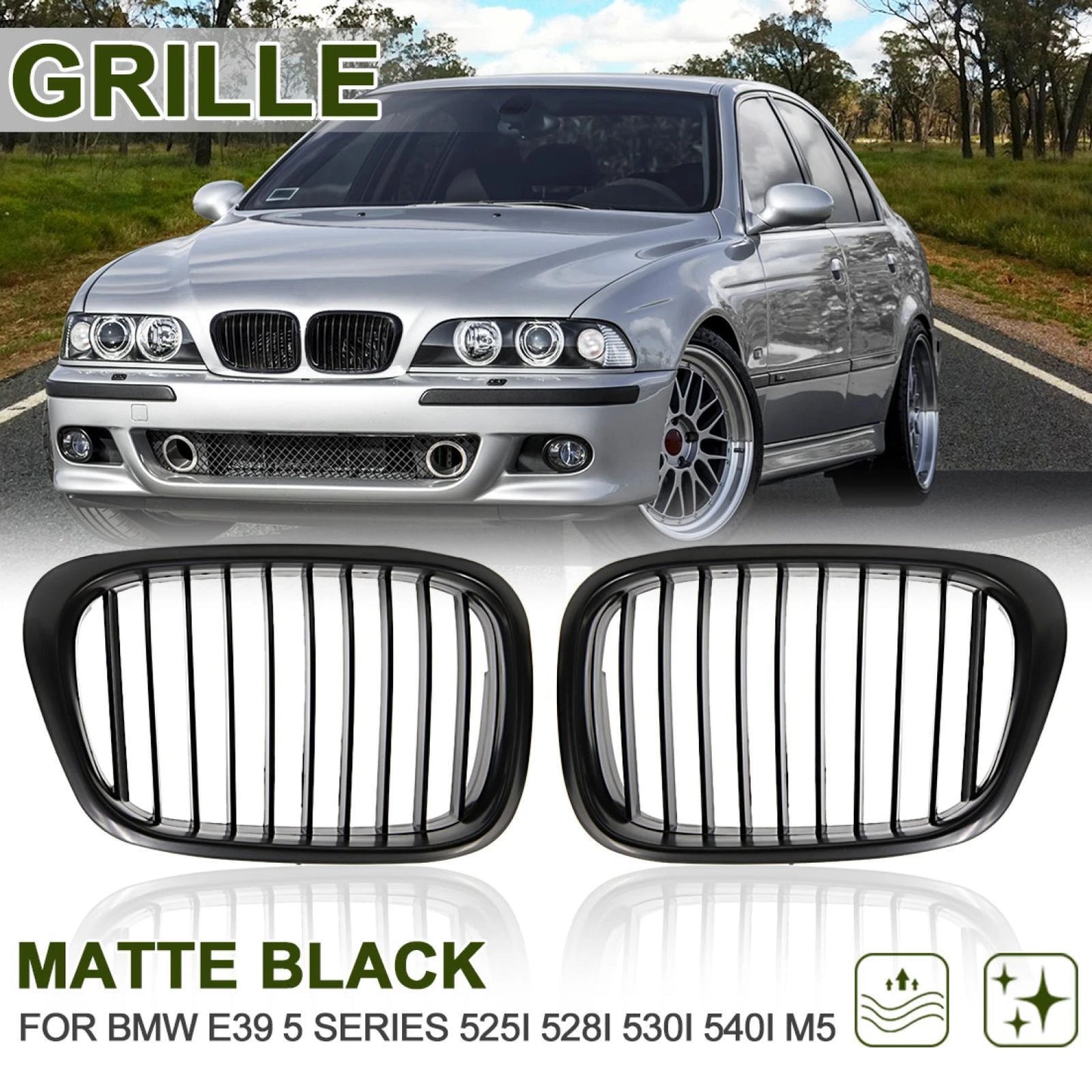 Matte Black Front Upper Hood Kidney Grille for BMW E39 525i 528i 540i M5 (1997-2003)