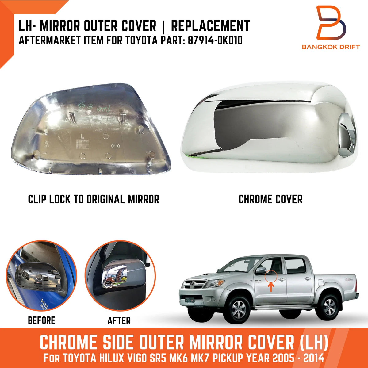 LH Chrome Outer Mirror Cover for Toyota Hilux Ute Vigo (2005-2014)