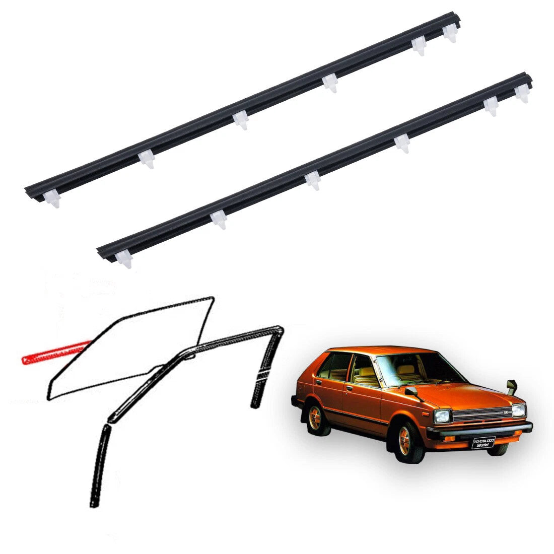 Front Door Glass Weatherstrip Outer x2 for Toyota Starlet KP60 KP61 KP62 1978-1984