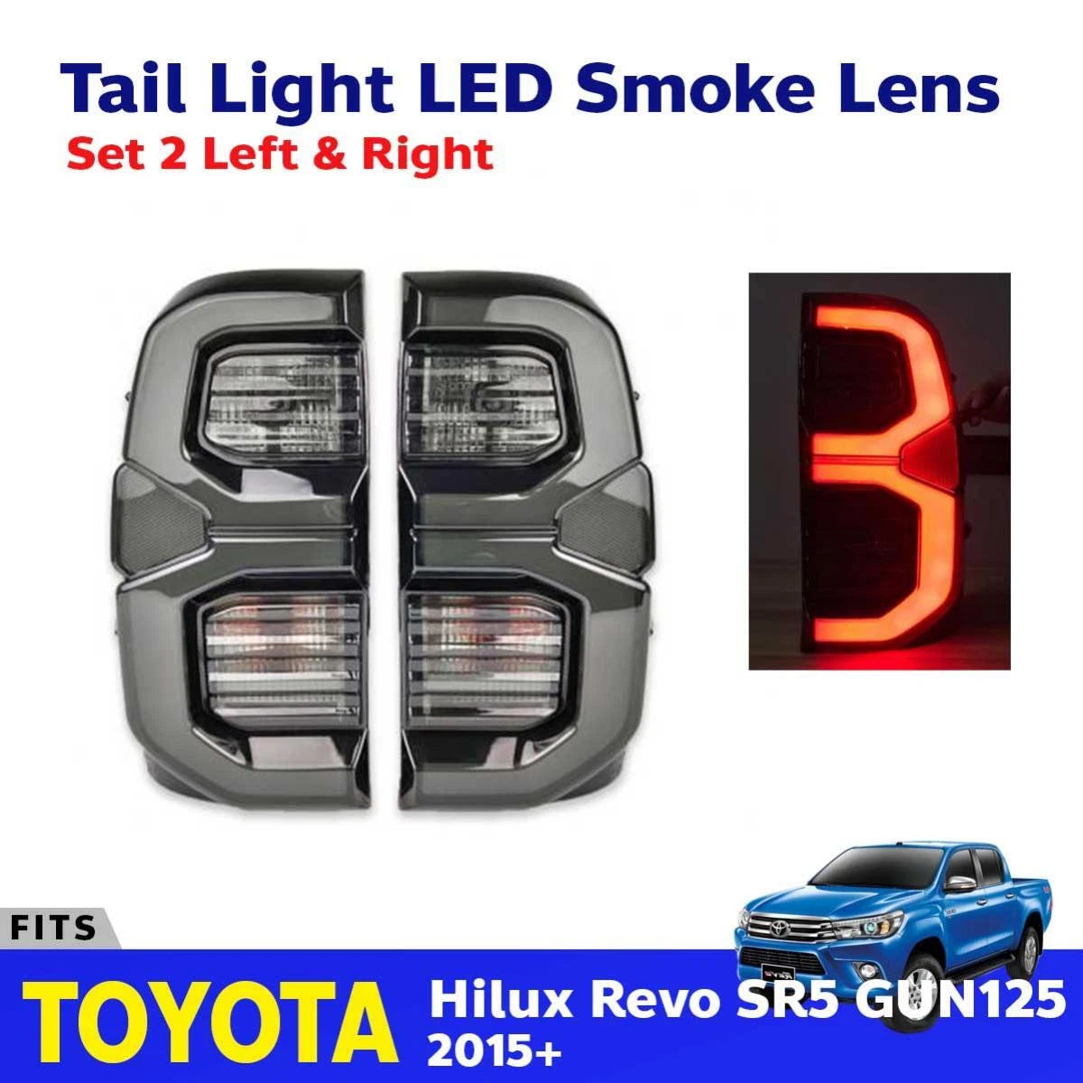 Pair Tail Light Rear Lamp LED Smoke Lens Fits Toyota Hilux Revo SR5 GUN 2015-21