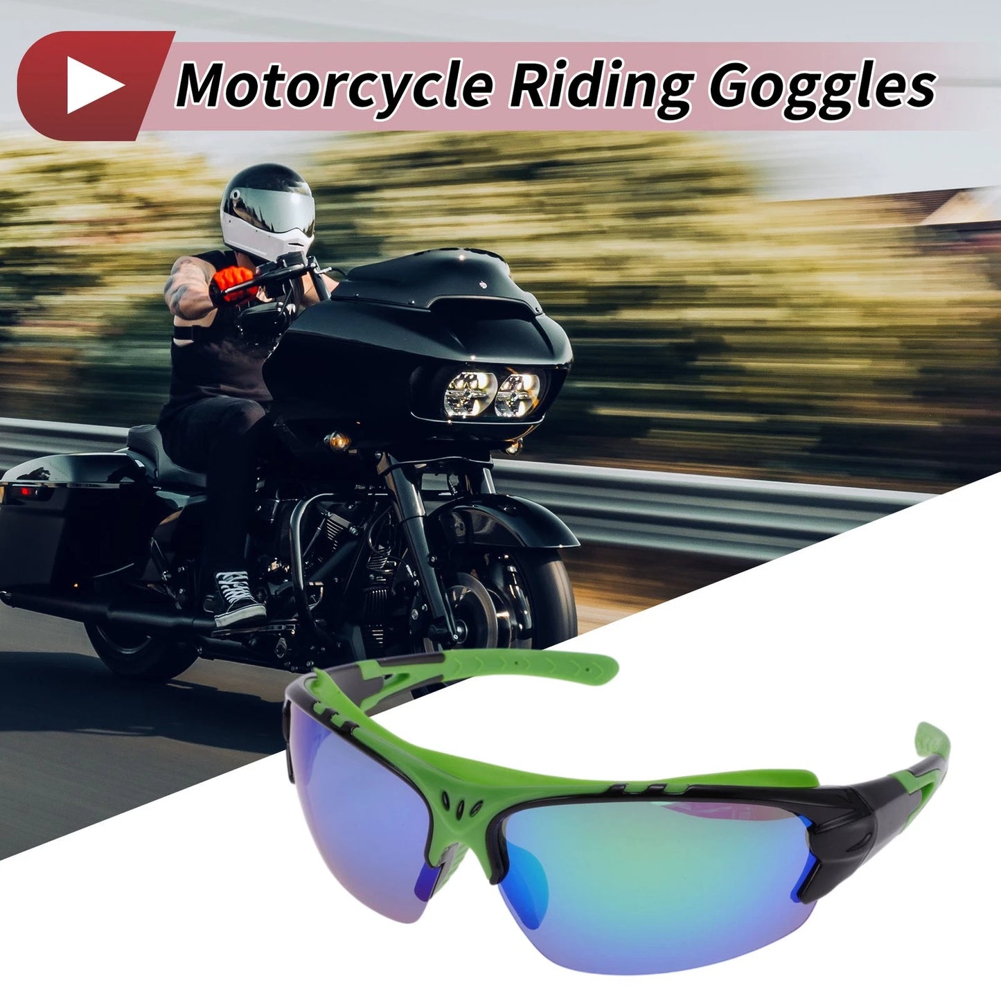 Goggles for Motorcycle Riding Green Lens Black Green Frame PC UV400