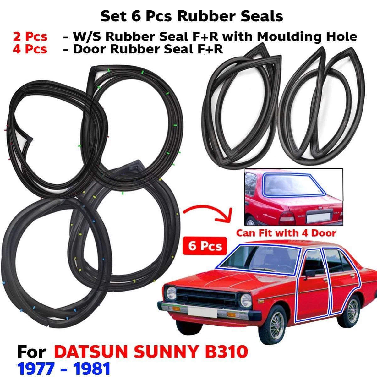 Windshield Front Rear Door Rubber Set 6 Fits Datsun Sunny B310 4D 1977-81 D05