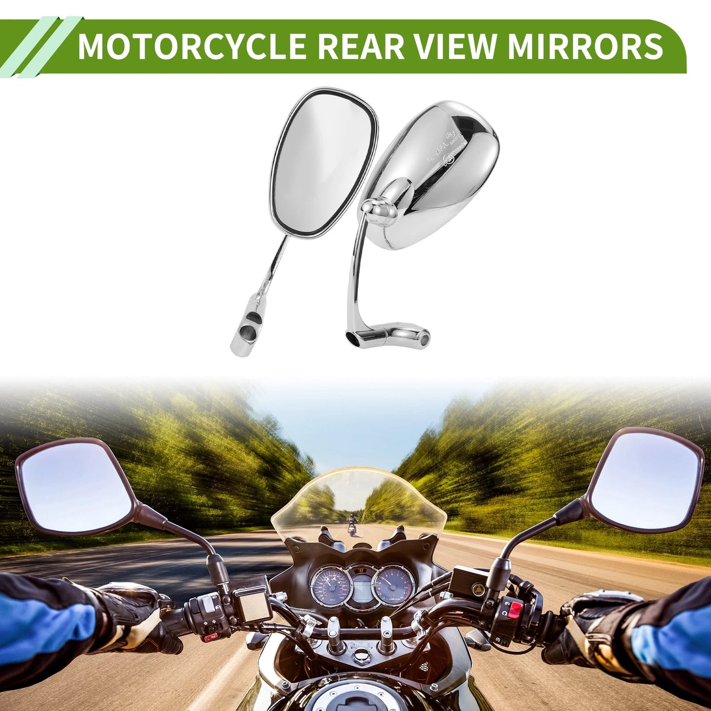 M8/M10 Rear View Mirror Oval Shape Chrome Silver Tone Aluminum for Motorcycle