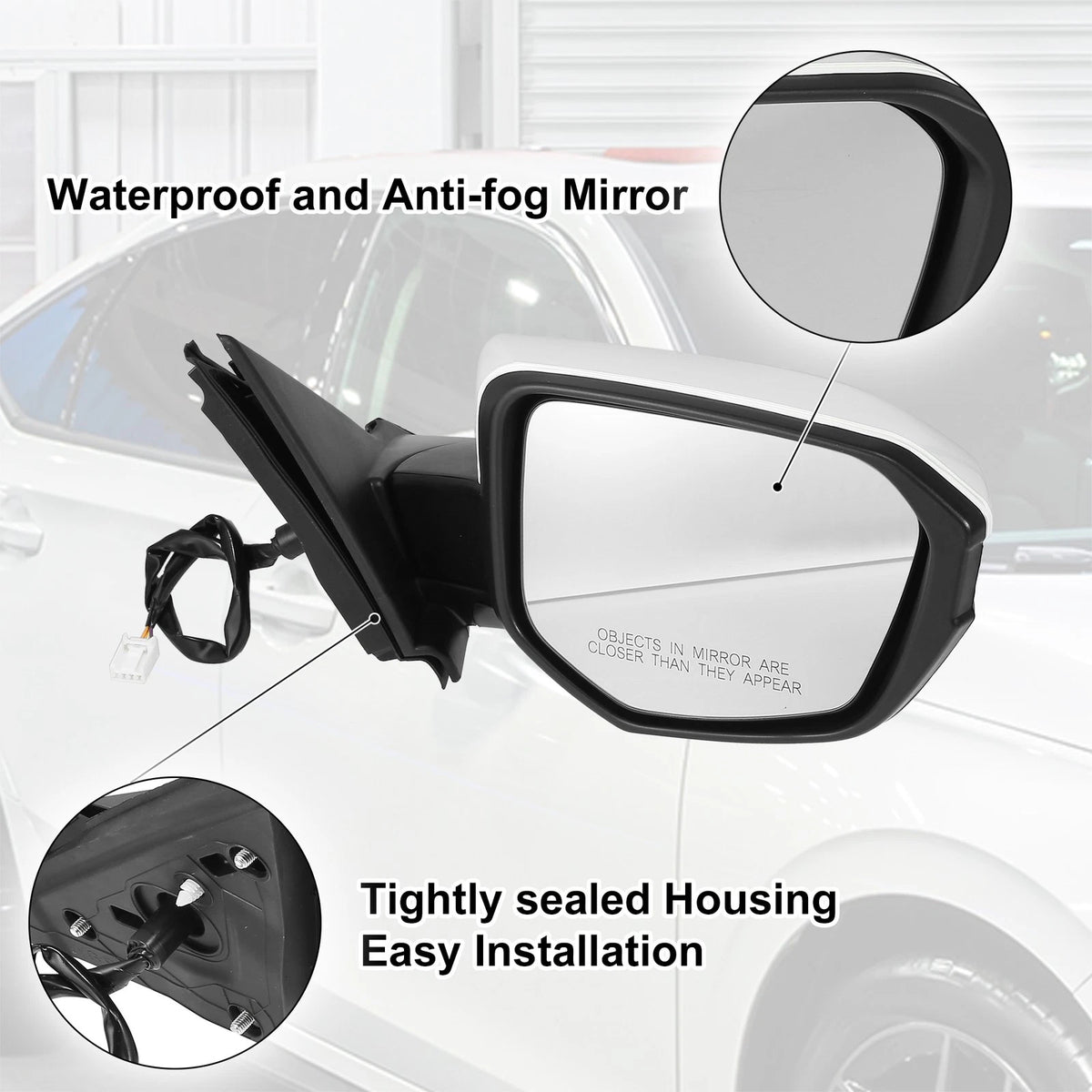 3 Pin Right Side Exterior Door Mirror Assembly White for Honda Civic (2016-2021)